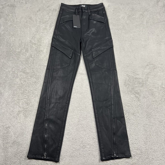 PAIGE Pants - Paige Pants Womens 26 Black Luxe Coating Stella Flap Cargo Pockets Zip Straight